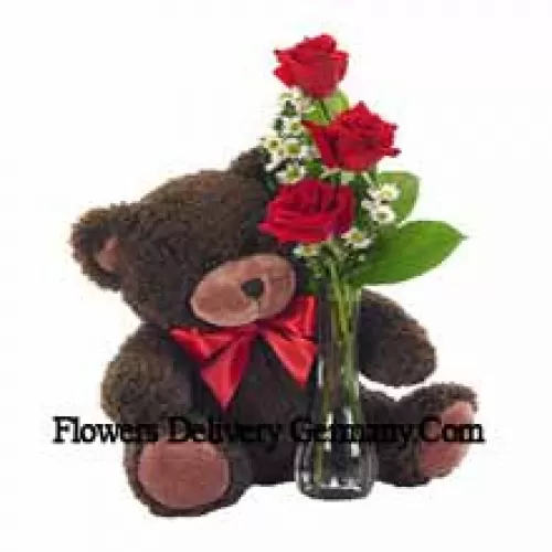 3 Roses rouges avec quelques fougères dans un vase en verre accompagnées d'un mignon ours en peluche de 14 pouces de hauteur