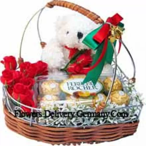 Un beau panier composé de roses, 16 pièces de Ferrero Rochers et un mignon ours en peluche blanc