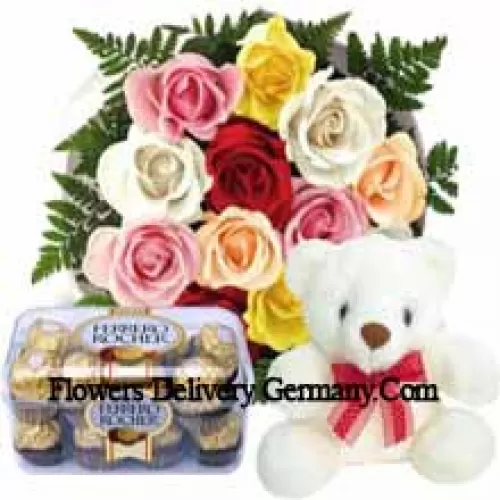 Bouquet de 11 roses rouges avec des remplissages saisonniers, un mignon ours en peluche blanc de 12 pouces de hauteur et une boîte de 16 pièces de Ferrero Rochers