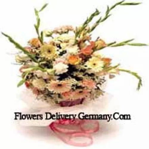 Bouquet de fleurs assorties comprenant des marguerites et des glaïeuls