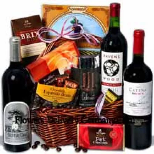 This Exclusive Gift Basket Includes Ravenswood Cabernet Sauvignon – 750 ml, Catena Malbec Mendoza – 750 ml, Silver Oak Alexander Valley Cabernet Sauvignon – 750ml, Signature Dark Chocolate Bar By Lake Champlain, Dark Chocolate Espresso Beans By Marich, Chocolatier Truffles Fantaisie by Guyaux Chocolates, Mocha Chocolate California Wine Wafer by Sacramento Cookie Co, Cabernet Flavored Dark Chocolate Gel Sticks by Sweet Candy Co and Brix Bites by Brix. (Contents of basket including wine may vary by season and delivery location. In case of unavailability of a certain product we will substitute the same with a product of equal or higher value)