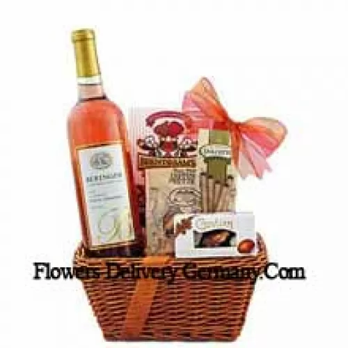 This Gift Basket includes Beringer White Zinfandel Blush Wine, Guylian Belgian chocolate shells, Dolcetto filled wafer rolls, Brent & Sam’s raspberry chocolate chip cookies and East Shore Specialty honey wheat pretzels. (Contents of basket including wine may vary by season and delivery location. In case of unavailability of a certain product we will substitute the same with a product of equal or higher value)