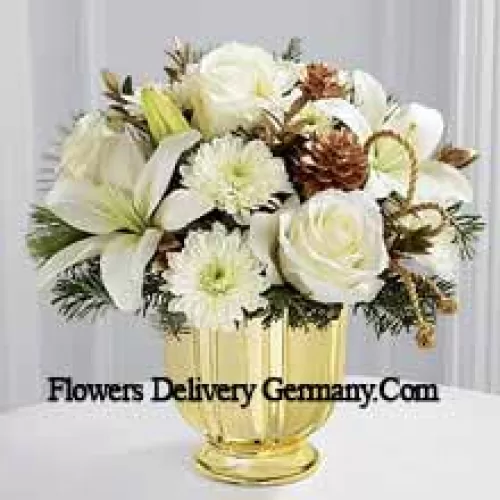 A highly sophisticated expression of the season's most dazzling moments. Snowy white roses, Asiatic lilies and chrysanthemums shed their light and beauty arranged amongst myrtle stems and assorted holiday greens. Accented by gold pinecones and gold cording and placed in a gold pedestal vase, this bouquet creates a wonderful wish for a truly wondrous holiday season. (Please Note That We Reserve The Right To Substitute Any Product With A Suitable Product Of Equal Value In Case Of Non-Availability Of A Certain Product)